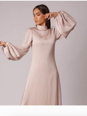 Zahraa the Label Evening Gown High-Neck Long Sleeve Satin Maxi Dress pink Blush